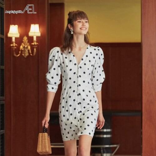 AEL 2019 Retro Polka Dot V-Neck Short Puff Sleeve Split Dress Slit Hem Slim Fit French Women mini Dress white