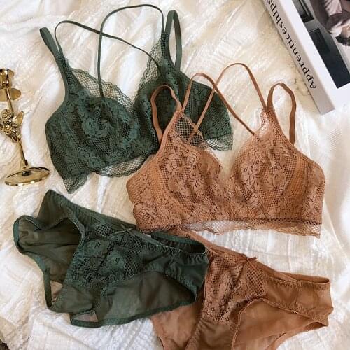 Sexy lace thin crystal cup hollow bralette beautiful back gather bra set big breasts plus size underwire lingerie with panty