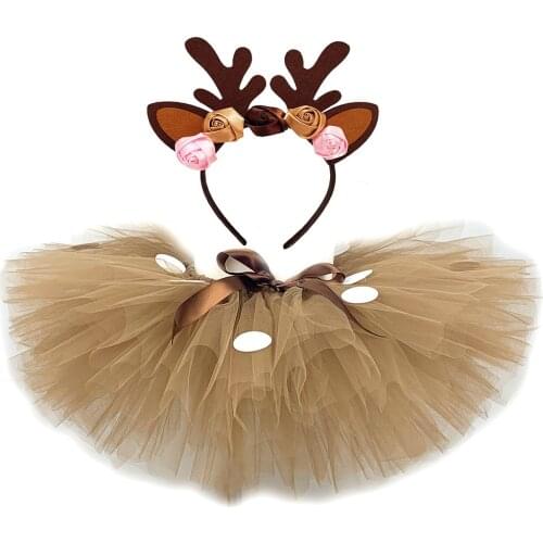 Fluffy Brown Reindeer Girls Tutu Skirt Baby Deer Tulle Skirt Christmas Costume for Kids Halloween Carnival Children Cosplay Set