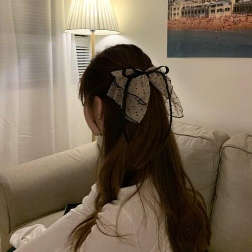 Korean wave dot bow hairpin back head princess wind gauze spring clip girl fungus with streamer hairpin