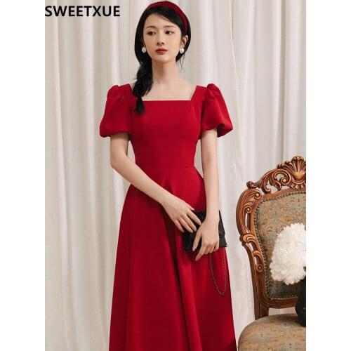 SWEETXUE Retro Lapel Puff Sleeve Chic Red Party Dress Womens Fashion Elegant Romantic Dress Vestidos Robe Femme