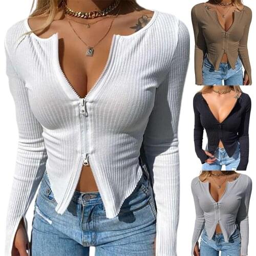 Autumn Women Sexy Adjustable Double Zippers Deep V Neck Long Sleeves Split Solid Color Top Shirt