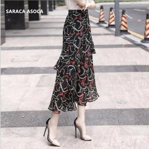 Spring Summer Bohemian Ankle-Length Print Chiffon Tutu Skirt Women High Waist Slim Hip Ruffles Cake Bust skirt Girls Ball Gown