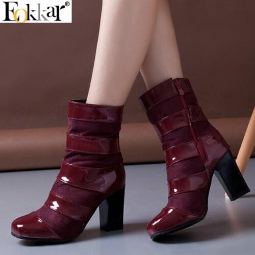 Eokkar 2020 New Fashion Women Ankle Boots Round Toe Patent Leather +flock Winter Boots Square High Heel Ladies Boots Size 34-43