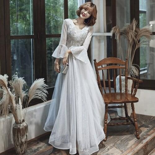 Women Elegant Grey V-Neck Flare Sleeve Evening Dresses Long Tulle Formal Evening Gown Party Dress Robe De Soiree XS-2XL