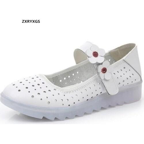 2021 High Quality Soft Cowhide Flowers White Shoes Hollow Sandals Nurse Flats Women Leather Shoes Soft Wear Non-slip Large Size