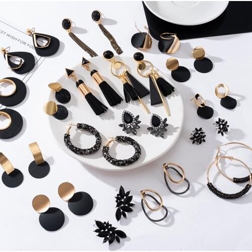 New Korean Fashion Drop Earrings For Women Black Colour Vintage Geometric Pendant Long Dangle Earrings 2021 Trend Female Jewelry