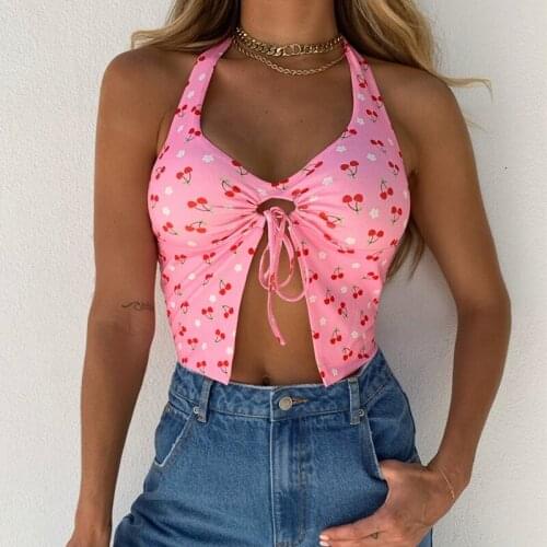 2021 Fashion Sweet Sexy Cherry Print Halter Tank Top Women Sleeveless Lace Up Crop Top Summer Holiday Casual Camisole Tops