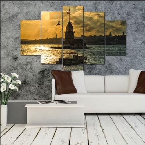 5 PCS Turkey Istanbul Old Maidens Tower Landscape Painting Canvas Table 133X75 CM