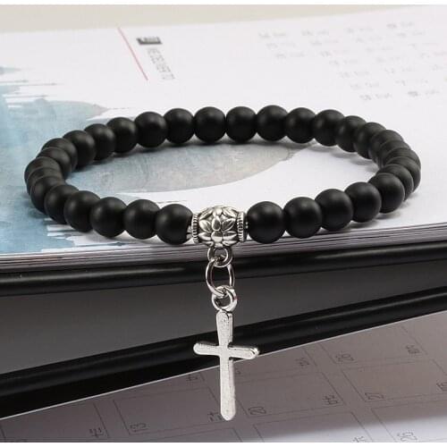 6mm Natural matte Bright black Beads Stone Bracelet Cross Prayer Meditation Elastic Rope Bracelets bangles for women men Jewelry