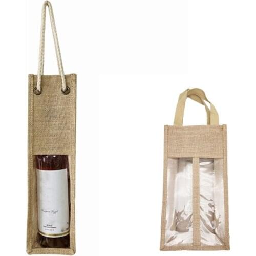 Jute Wine Carrier Reusable Burlap Tote Bags Clear Window with Handles Gift Bag Travel Storage Organizer for Wedding Holiday 6XDA