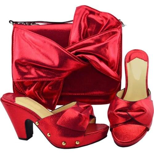 Nice looking red women pumps and big bag with bowtie design african shoes match handbag set for dress YM006,heel 9.5CM