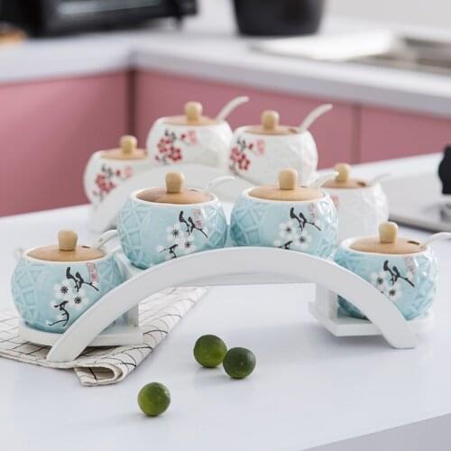 Kitchen condiment rack, plum blossom ceramic seasoning tank combination, box, box set