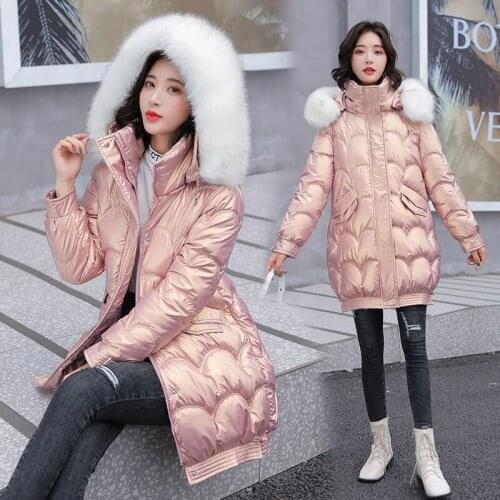 Winter Warm Fur collar Glossy Jacket Women Thick Parkas Korean Loose Rainproof Cotton padded Long Coat Hooded Female Overcoat