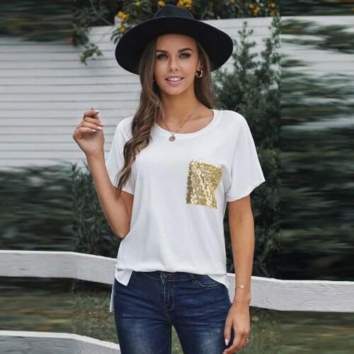 Summer Fashion Sequins Simple Casual Round Neck Pullover Short Sleeve Top Loose Large Size Women T-shirt -40