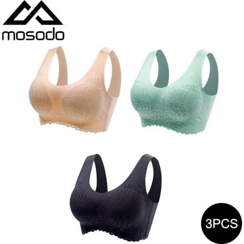Mosodo Women Bra 3pcs Latex Bralette Ice Silk Solid Color Seamless Sports Yoga Vest Lace Removable Bra Pad Underwear