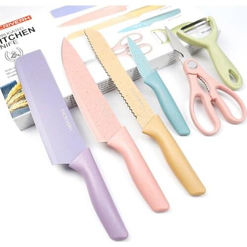 6PCS Kitchen Knives Set Wheat Straw Chef Knife Barbecue Knives Japanese Knives Peeler Steak Knife Bread Knife Set Vegetables