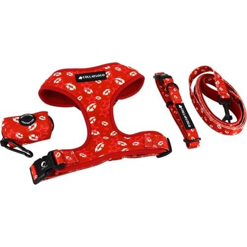 Adjustable Pet Dog Collar Durable Soft Cute Creative Colored Red Lip Print Design Leash Neoprene Harness With Poop Bag Dispenser