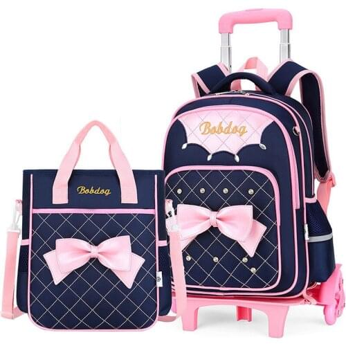 Children School Bags Kids Girls Trolley Schoolbag Rolling Luggage Book Bags Detachable Wheeled Backpack 2pcs/set