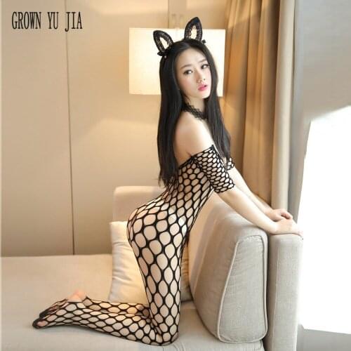 Sexy Body stocking Erotic fishnet lingerie high elastic hollow macrolattice porno perspective Hot babydoll Open crotch Bodysuits