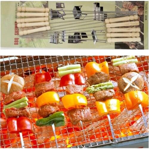 10pcs Log Stainless Steel BBQ Skewer Wooden Handle BBQ Needle Reusable Barbecue Meat String Grill Fork Outdoor Cooking Tool