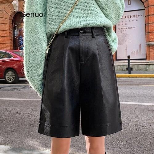 Fashion PU Leather Shorts Womens Autumn Winter Bermuda Elastic Waist Loose Five Points Leather Trouser Plus Size Shorts