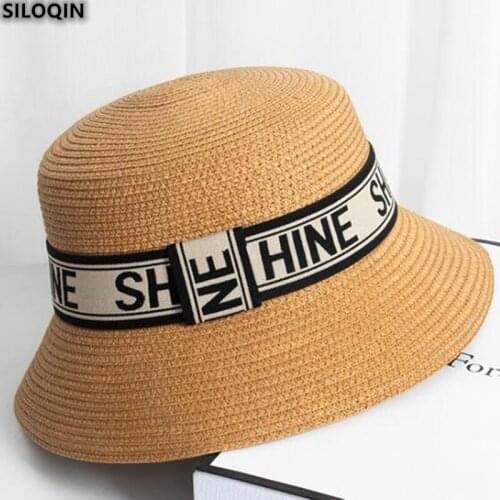 SILOQIN New Shading Womens Summer Straw Letter Bucket Fishermans Hat Fashion Trend Travel All-Match Banama Brand Sombreros