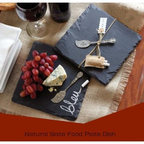 Natural Slate Food Plate Round Square Bluestone Pizza Steak Pastry Fruit Dish Tray Heat Inslusation Pads Coaster