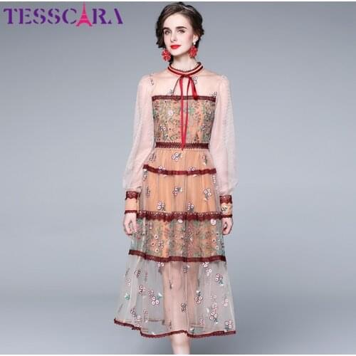 TESSCARA Women Luxury Embroidery Mesh Dress Festa High Quality Long Wedding Party Robe Femme Vinatge Designer Lace Vestidos