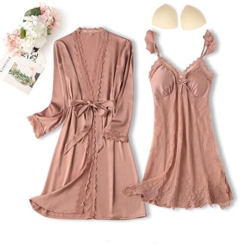 Young Lady Sweet Flower Embroidery 2PCS Robe Set Sexy V-Neck Kimono Gown Sweet Ruffles Trim Nightgown Casual Sleepwear Bathrobe