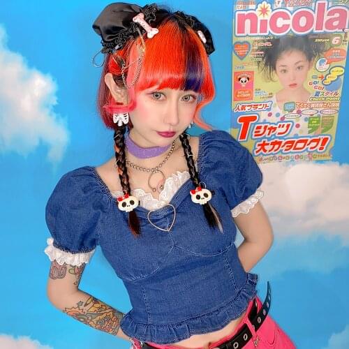 Women Japanese Denim Slim T-Shirt Summer Love Metal Button Puff Sleeve Princess Lace Sweet Jacket Tshirt 2021 Girl Harajuku Tops