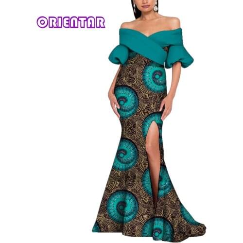 Women African Style Dresses Sexy Strapless Lady Evening Gowns Floral Print Split Elegant Women Dress Dashiki Party Wear WY9243