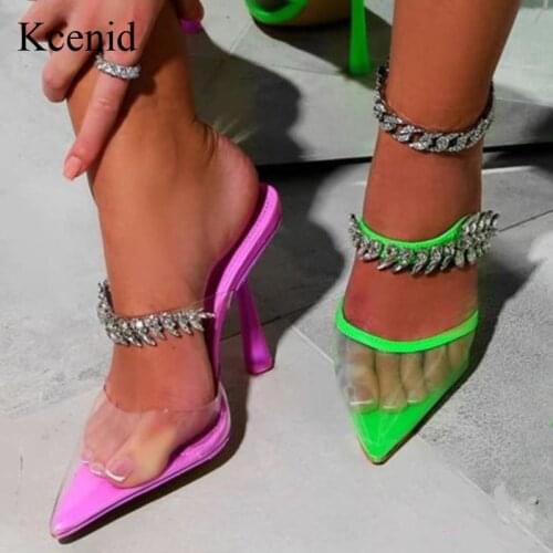 Kcenid New Summer Womens Shoes High Heel Slippers Transparent Pointed Toe Elegant Crystal Rhinestone Outdoor Party Shoes Mules