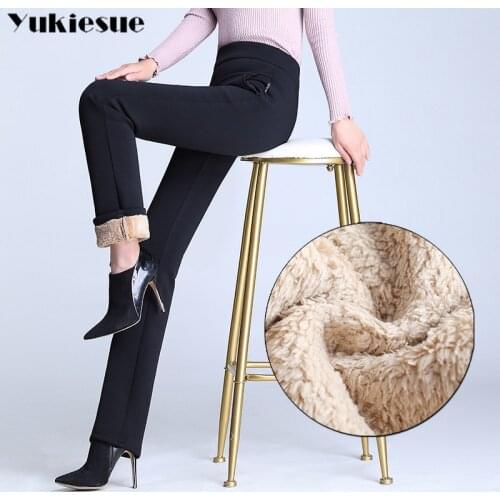 Women Winter fleece Warm Pants Velvet Thick Trousers High Waist Elastic Long Stretch Straight Casual Pants Plus Size S-4XL