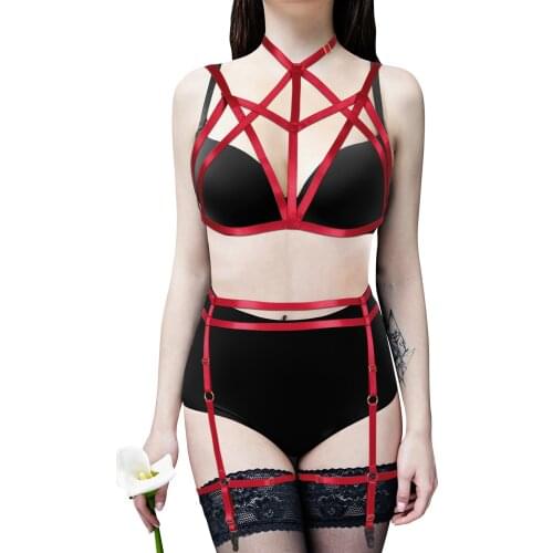 Women Harness Suspender ​Sexy Backless Cage Bra Crop Tops Buttocks Leg Bondage Garter Belt Night Party Rave Festival 2 Pcs Sets