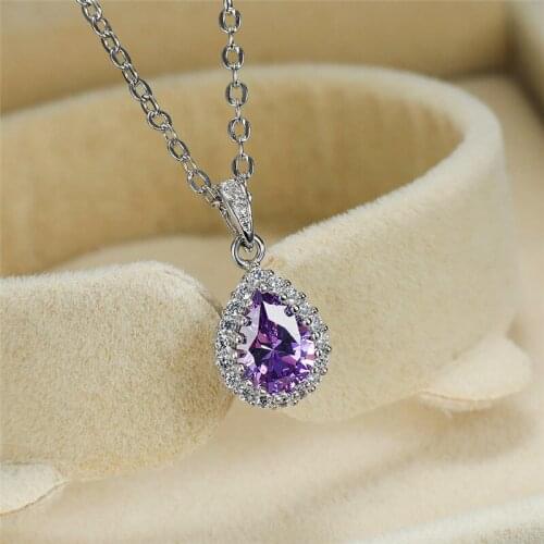 Female Chic Purple Stone Pendant Necklace Rose Gold Silver Color Crystal Necklaces For Women Vintage Water Drop Wedding Necklace