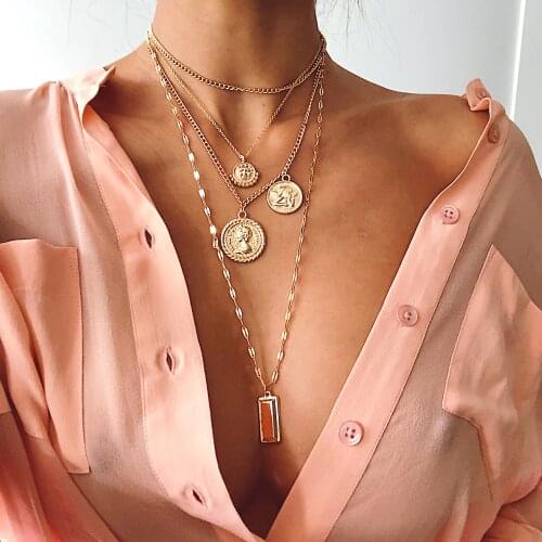 Bohemia multi-layer Portrait Alloy Gold Coin Pendant Necklaces For Women Vintage Rose Fashion Long Necklace 2020 Jewelry Gifts