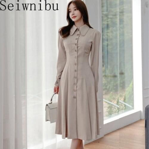 Long Sleeve Midi Slim Dress Autumn Holiday 2020 New Windbreaker Single Breasted Korean Temperament Dress Women