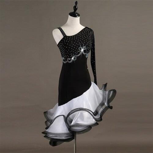 Svitania Latin Dance Dress Women Ladies Spandex Organza Rhinestone Single Sleeve Samba ChaCha Salsa Dresses Stage Dancewear