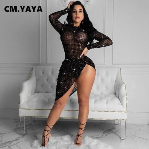 CM.YAYA Side Split See-through Mesh Dress Women Sexy Slim Sheath Elastic Full Sleeve Mini Dresses Lady Club Party Night Outfit