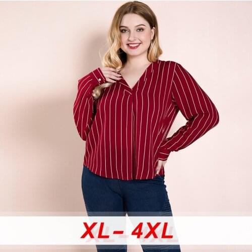 2020 Office Womens Blouses Plus Size V-Neck Striped Red Full Sleeves Oversized Female Shirt Summer OL Lady Tops Elegant Clothes