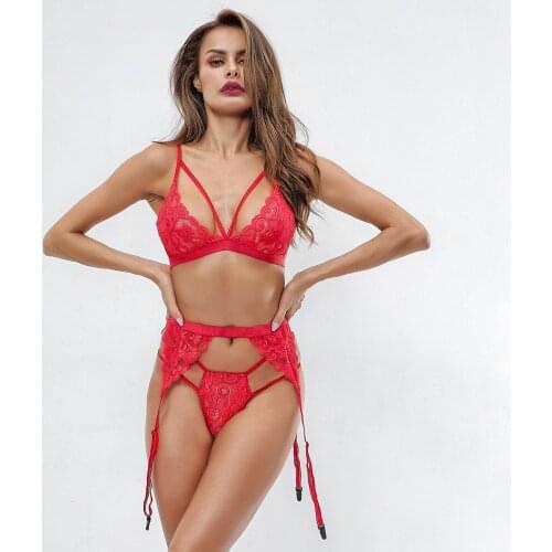 2021 New Arrival Women Sexy Lingerie Set Solid Color Lace See-through Underwear Underpants Waistband 3 Piece Sex Transparent Set