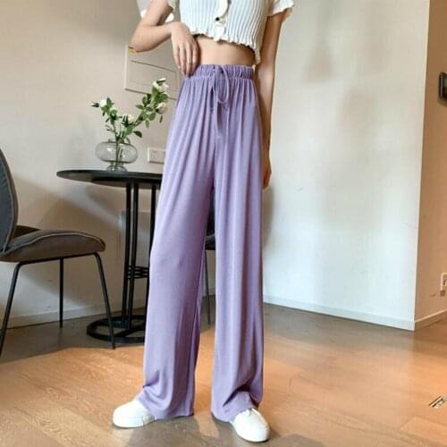 2021 Slacks Womens Loose Summer Pants Soft Ice Silk Ankle-Length Black Wide Leg Pants Grey Khaki Women High Waisted Trousers