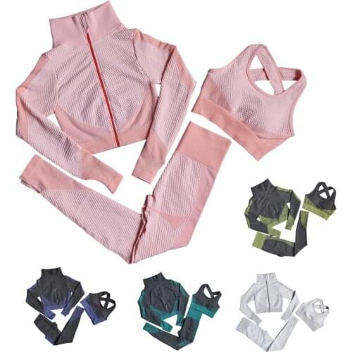 3Pcs Sport Yoga Suit High Waist Sweat Absorption Nylon Long Sleeves Seamless Yoga Leggings for Women костюм женский одежда