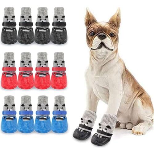 4pcs/Set Cute Cotton Knitted Pet Puppy Dog Shoes Waterproof Rubber Non-slip Dog Rain Snow Boots Socks For Large Small Cats Dogs