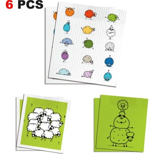 6PCS Lamb Dish Towels Reusable Versatile Kitchen Cleaning Cloth Printed With Adorable Sheep Pattern Vivid Novel Super Absorbent