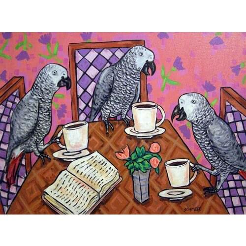 African grey parrot Friends Cafe Coffee Decorative Painting Canvas Wall Art Living Room Posters Bedroom Painting Decor Unframed