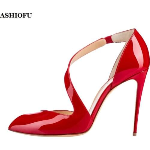 ASHIOFU Handmade Hot Sale Ladies High Heel Pumps Patent Leather Cross-straps Sexy Party Prom Fashion Pumps Court Shoes KL007