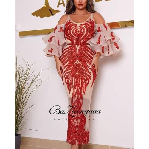 BAZIIINGAAA Luxury Woman Cocktail Dress Beaded Sequins Long Elegant Night Cocktail Party Formal Dresses for Wedding Plus Size