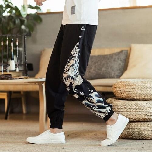 Japanese Fashion Kimono Print Pants Asian Costume Casual Long Pants Kimono Yukata Mens Harem Pants Trousers Side Print